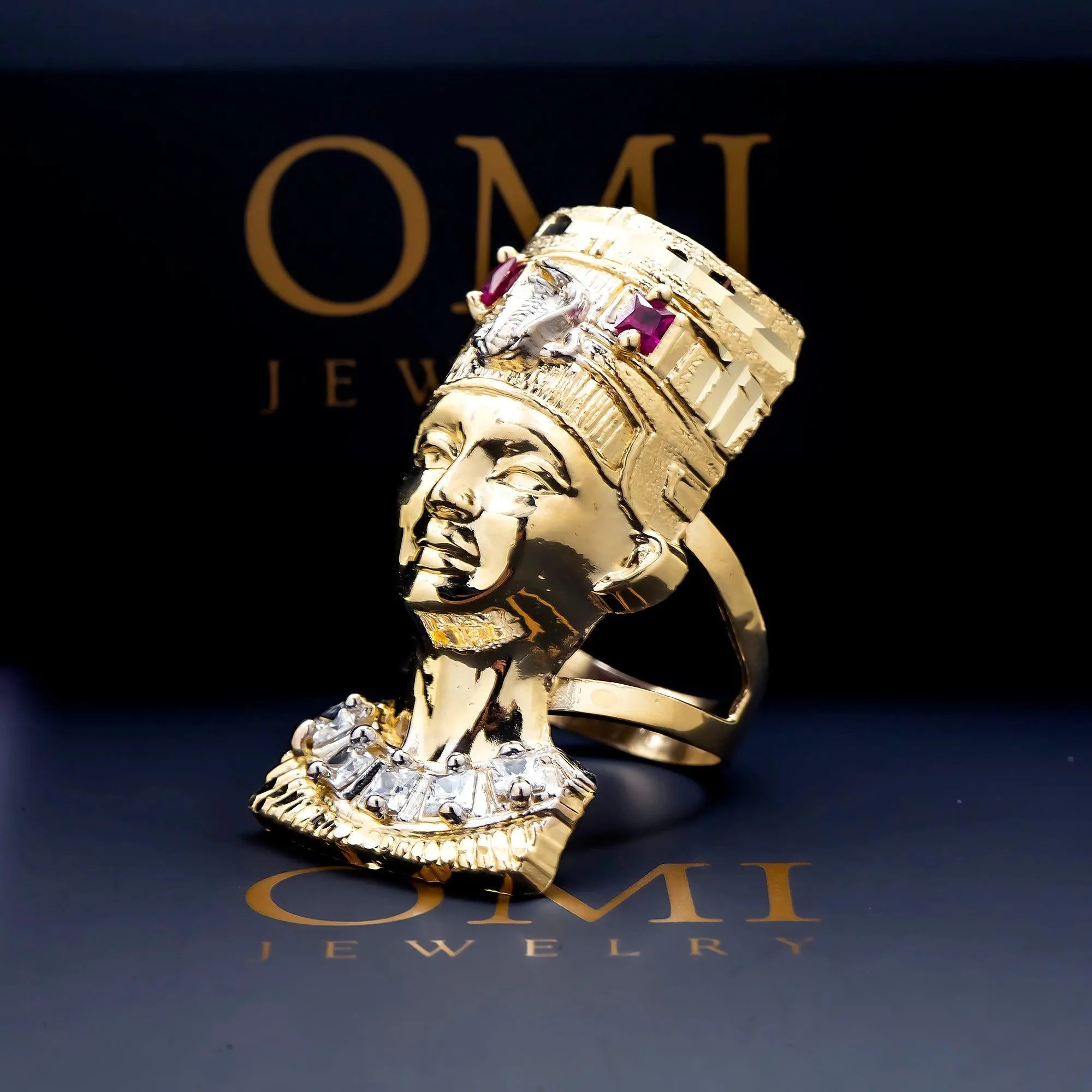 10K GOLD DIAMOND AND GEMSTONE EGYPTIAN QUEEN NEFERTITI RING 9.2G