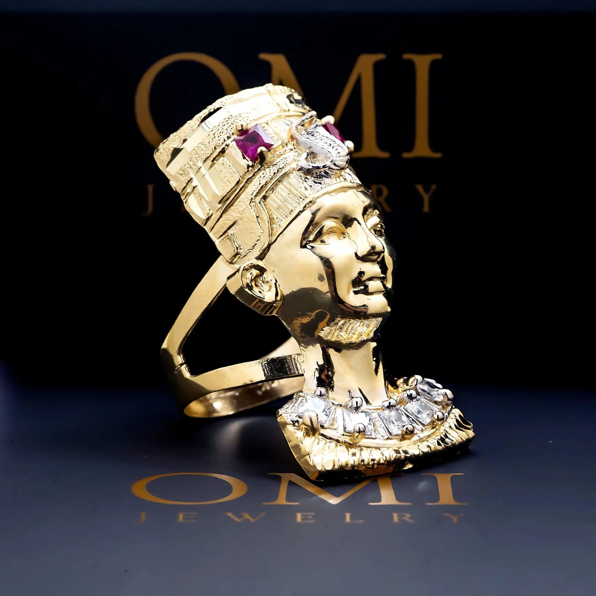 10K GOLD DIAMOND AND GEMSTONE EGYPTIAN QUEEN NEFERTITI RING 9.2G
