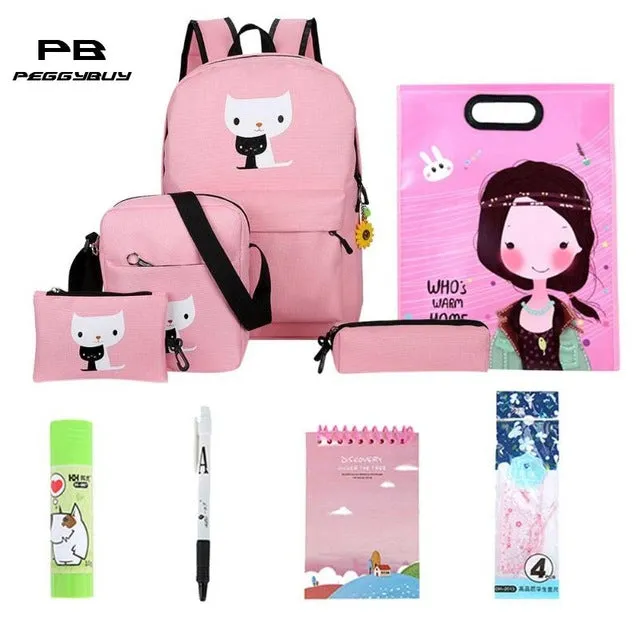10pcs/Set Oxford Waterproof Backpack Cats Printed Zipper Bag School for Women Casual Travel Bags