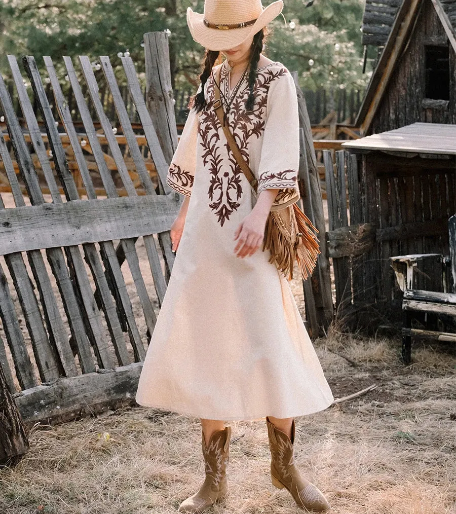 2024 Vintage V Neck Boho Cotton Linen Floral Embroidery Long Boho Dress