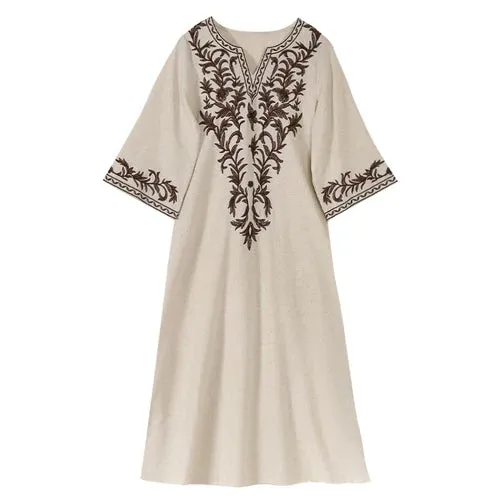 2024 Vintage V Neck Boho Cotton Linen Floral Embroidery Long Boho Dress