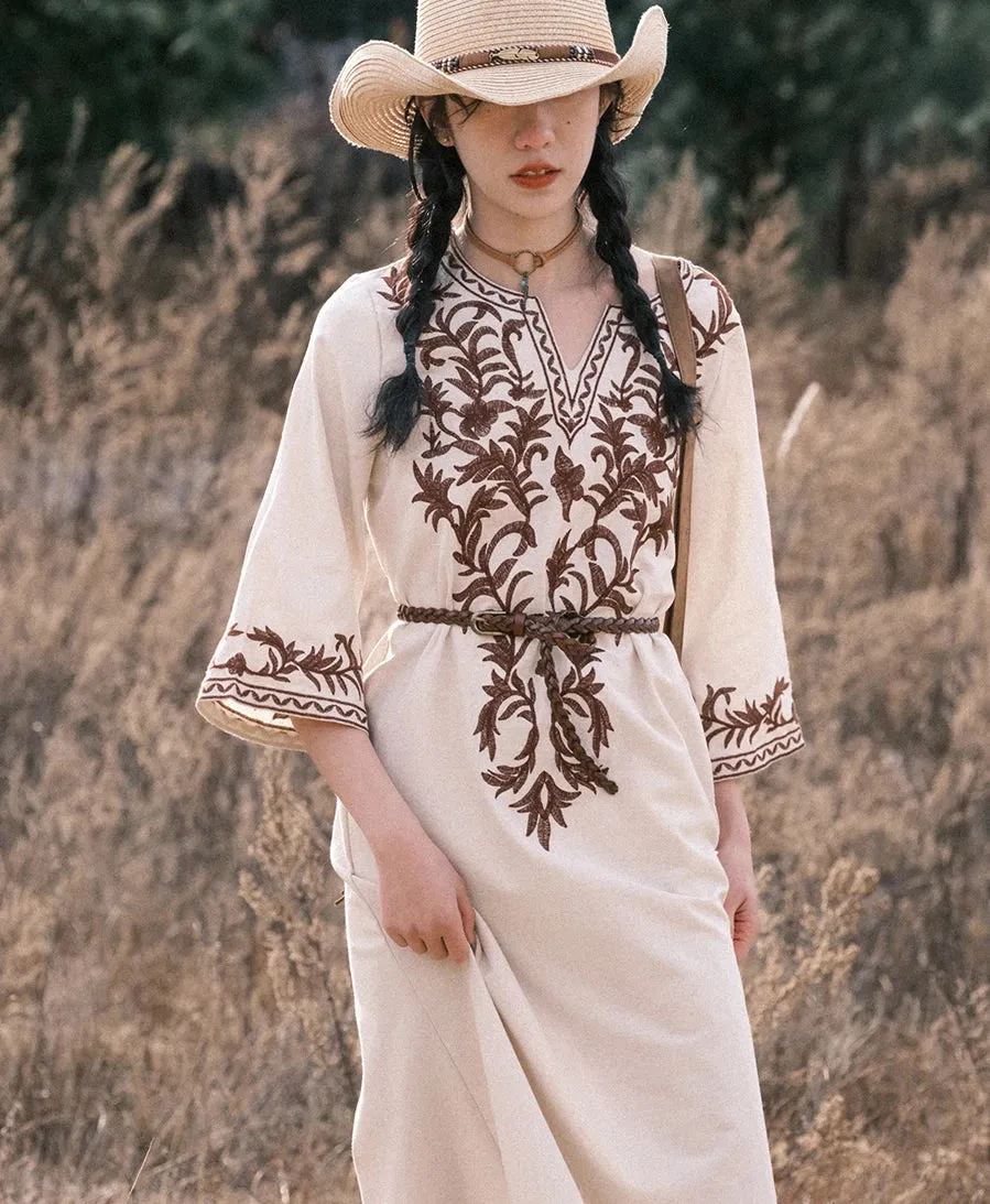 2024 Vintage V Neck Boho Cotton Linen Floral Embroidery Long Boho Dress