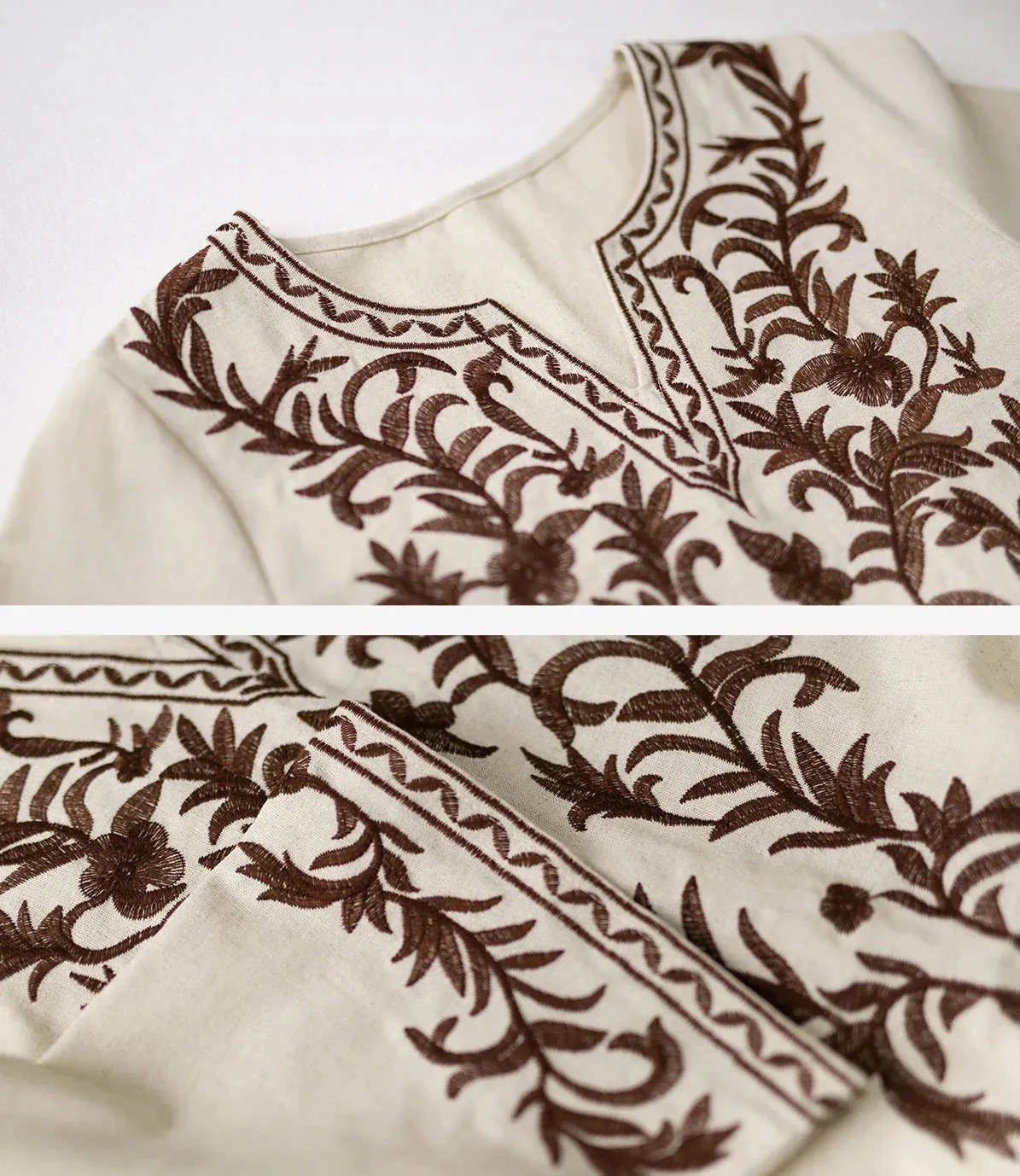 2024 Vintage V Neck Boho Cotton Linen Floral Embroidery Long Boho Dress