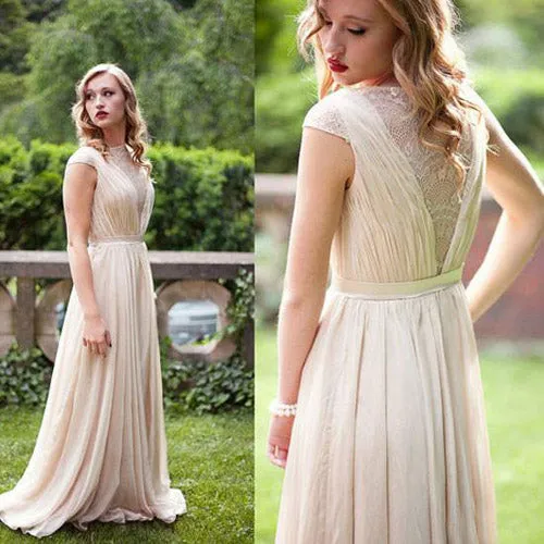 A-line Chiffon Cap Sleeves Long Bridesmaid Dress,Simple Prom Dress, M161
