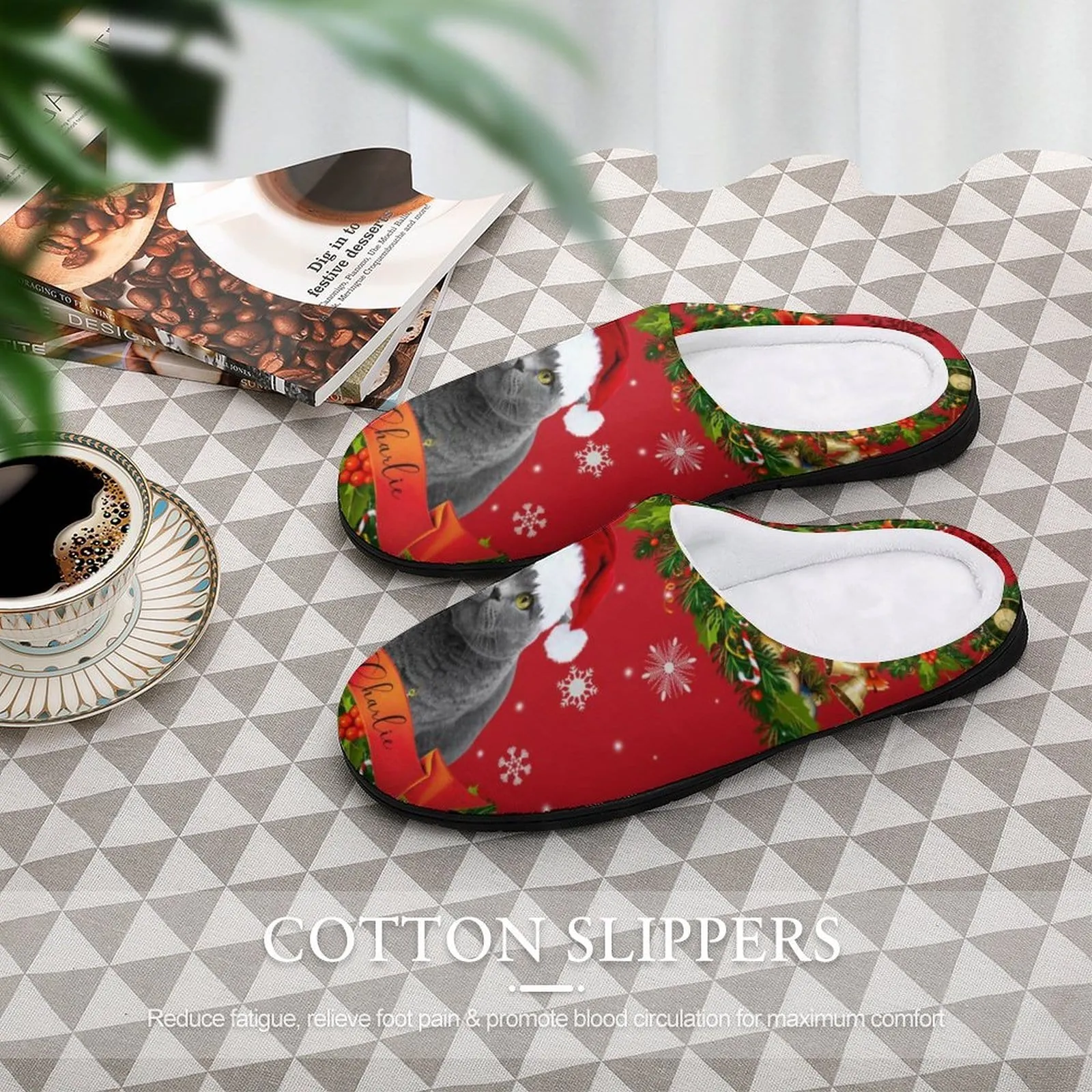 Custom Cat's Photo & Name Christmas Hat All Over Print Cotton Slippers For Men Women