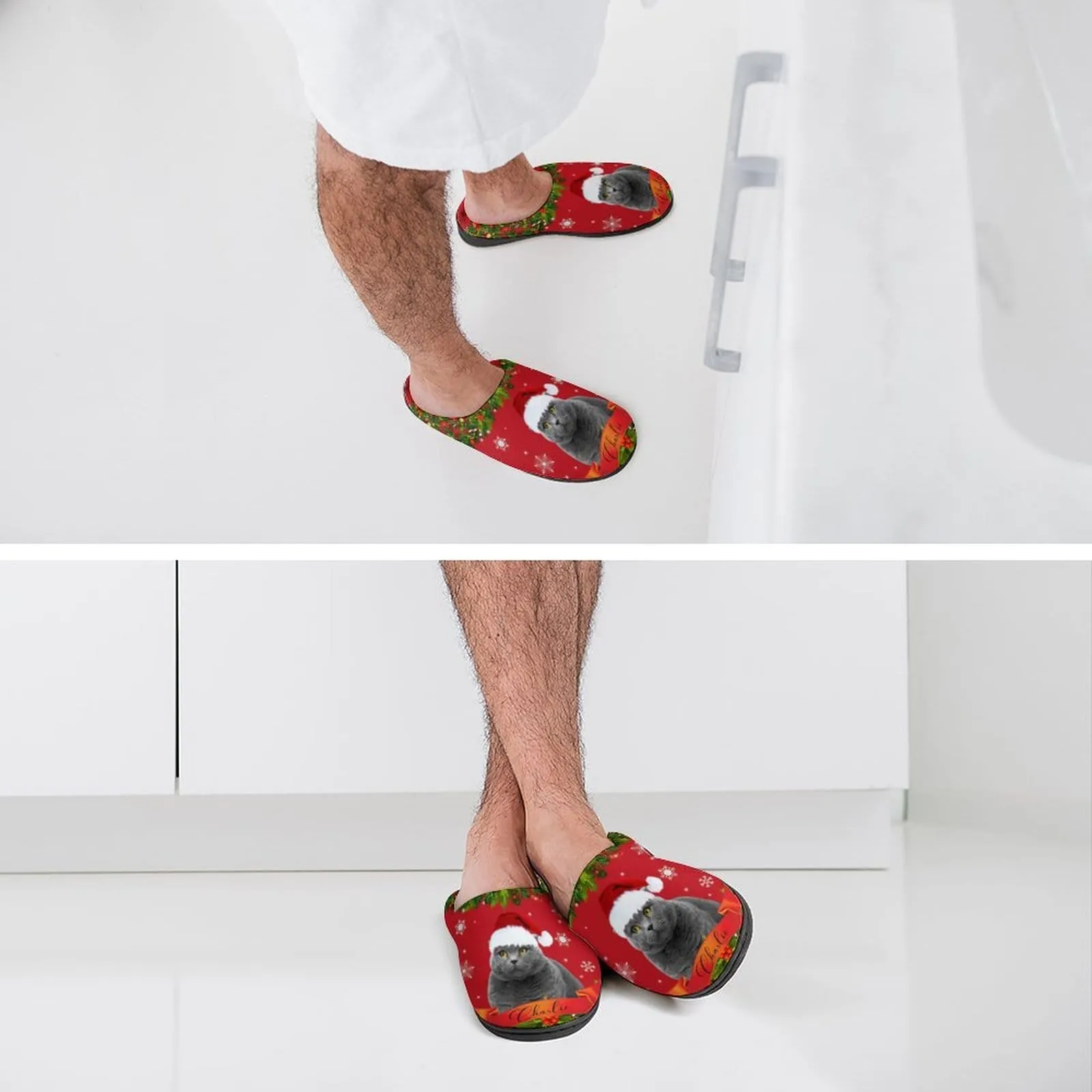 Custom Cat's Photo & Name Christmas Hat All Over Print Cotton Slippers For Men Women