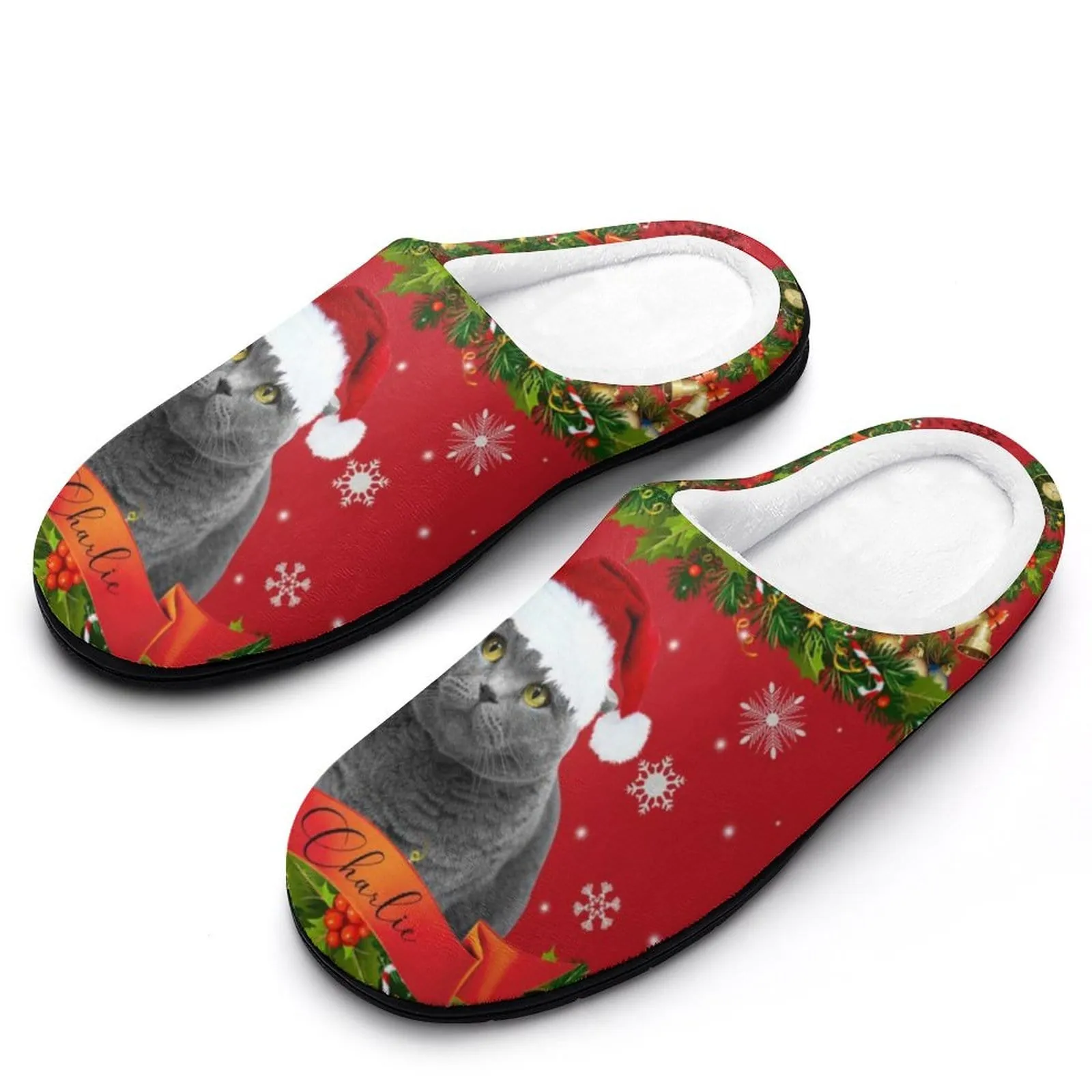 Custom Cat's Photo & Name Christmas Hat All Over Print Cotton Slippers For Men Women