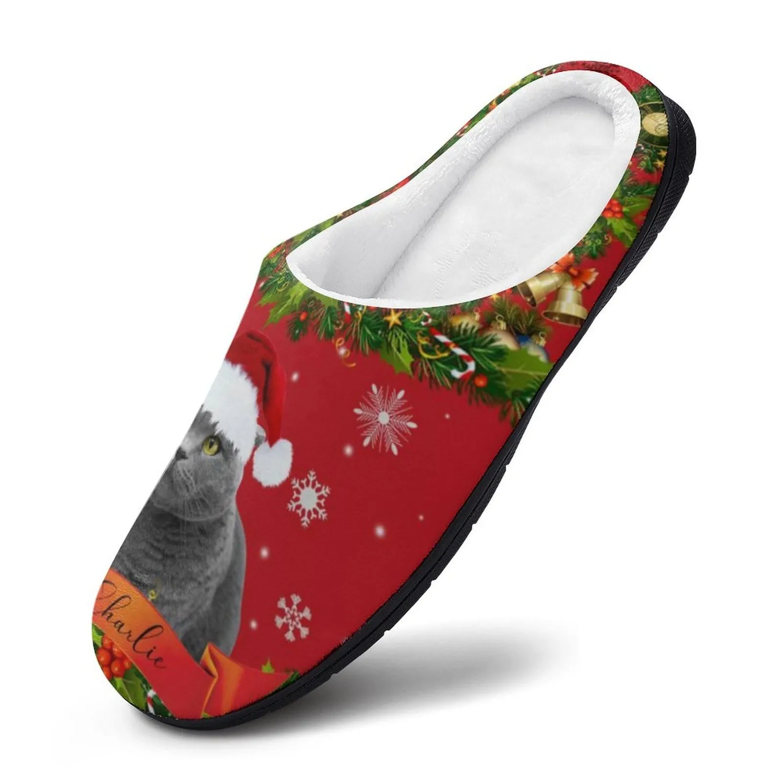 Custom Cat's Photo & Name Christmas Hat All Over Print Cotton Slippers For Men Women