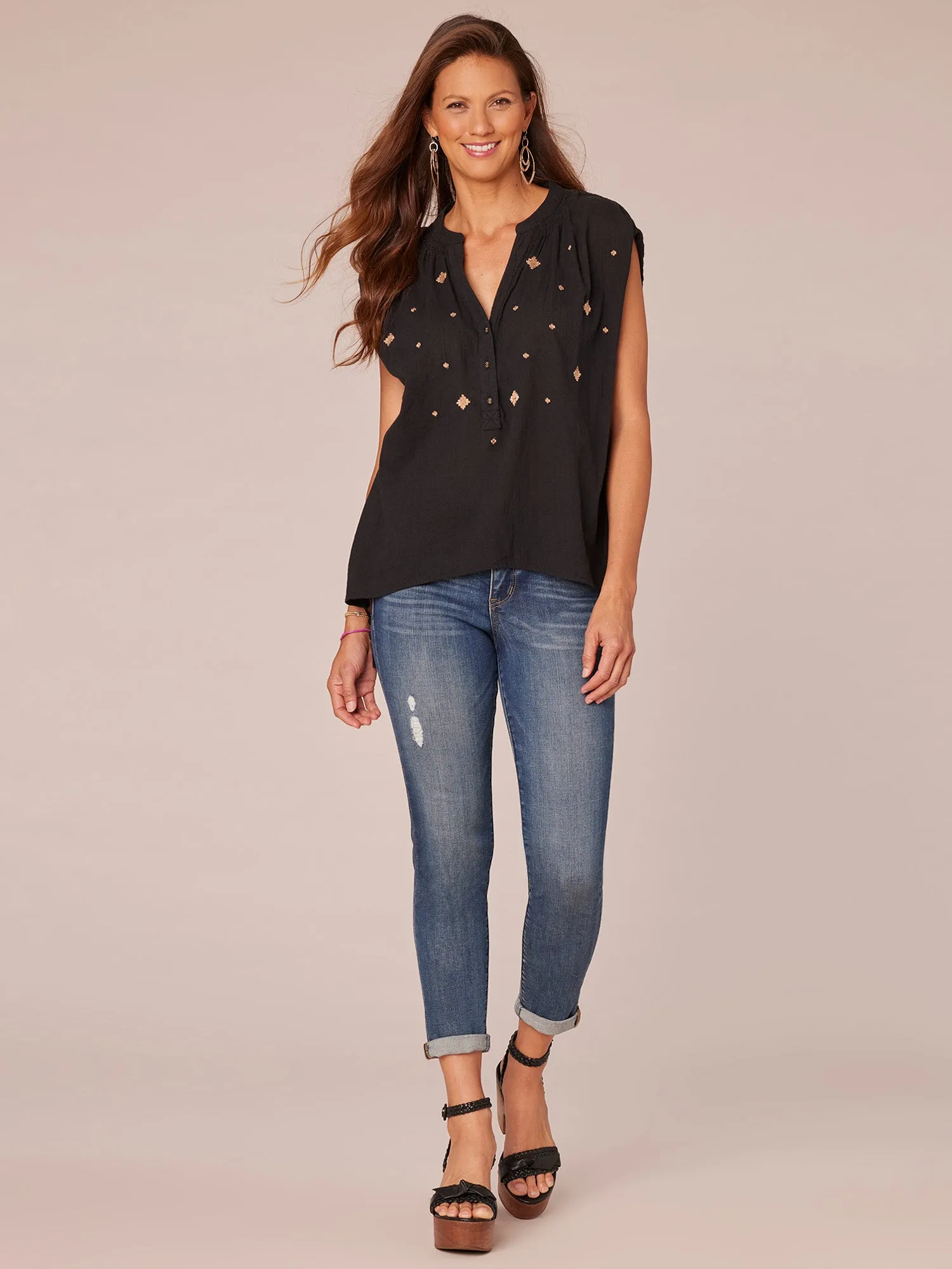 Extended Shoulder Cap Sleeve Stand Collar Jacquard Tassel Woven Top