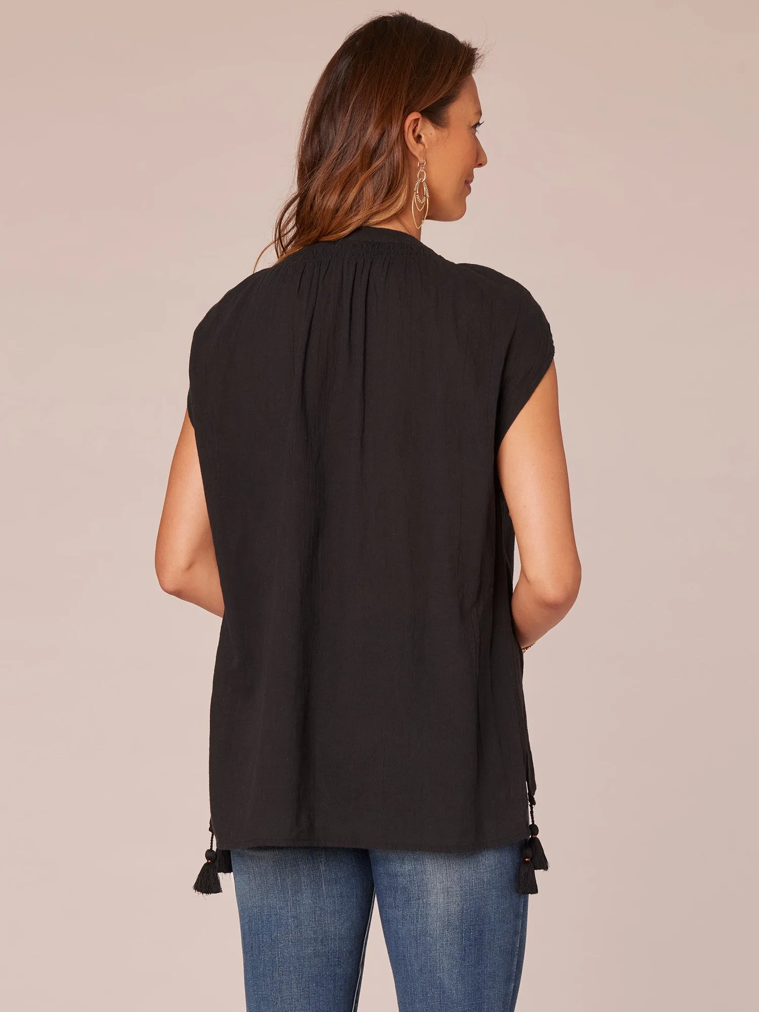 Extended Shoulder Cap Sleeve Stand Collar Jacquard Tassel Woven Top