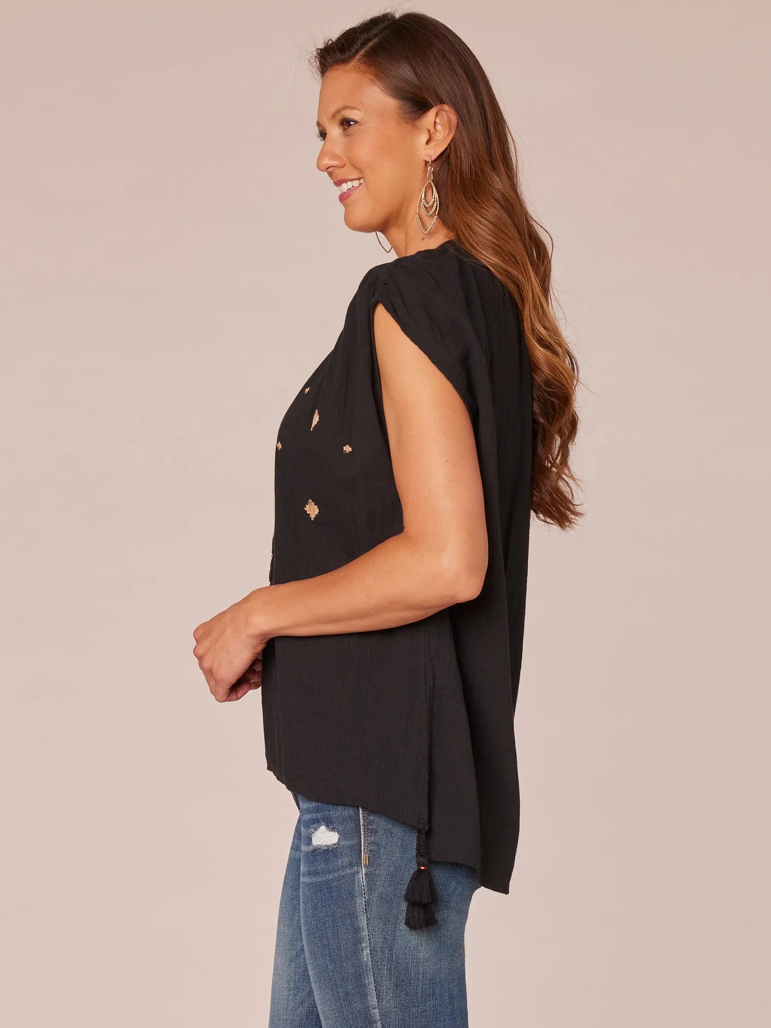Extended Shoulder Cap Sleeve Stand Collar Jacquard Tassel Woven Top