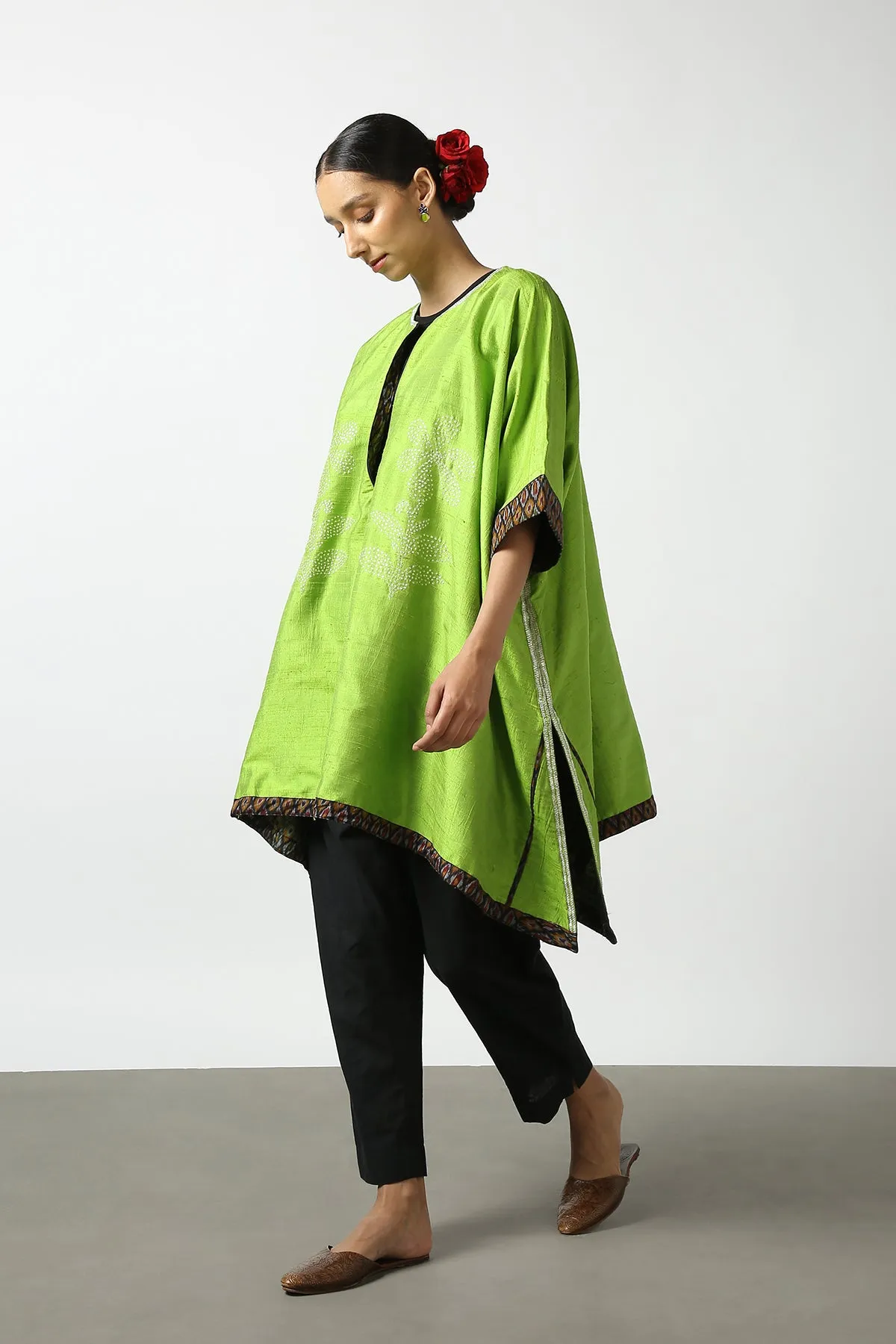 Green Raw Silk Hand Embroidered Short Phiran Top