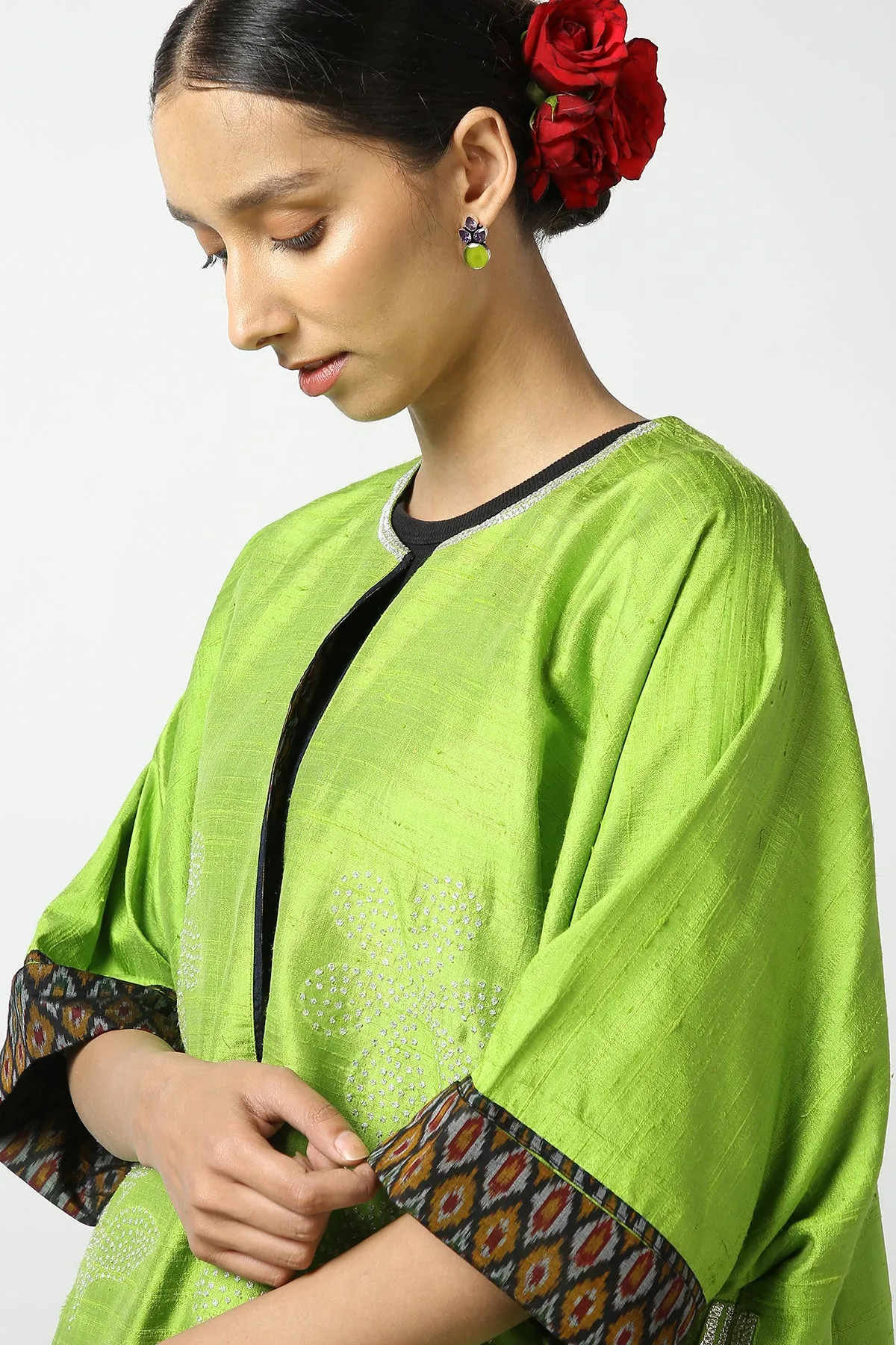 Green Raw Silk Hand Embroidered Short Phiran Top