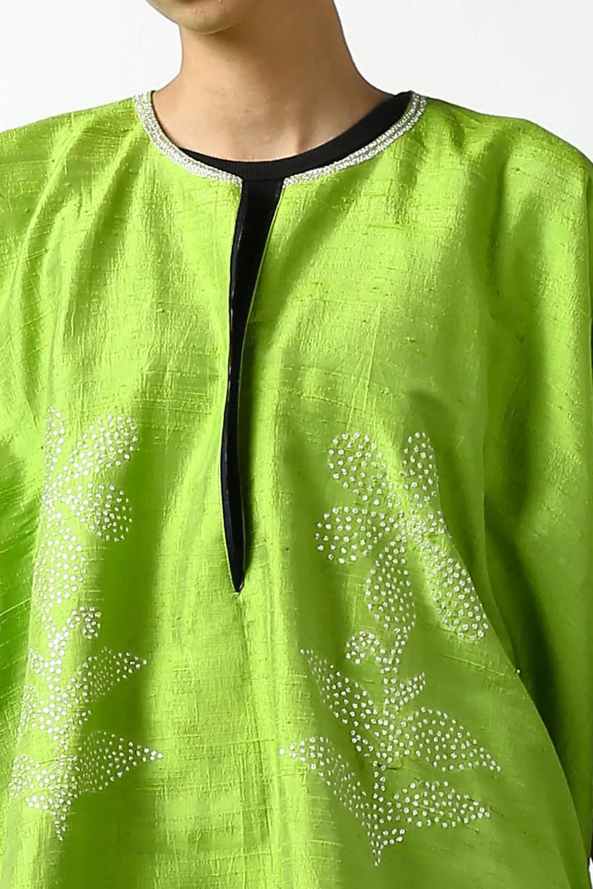 Green Raw Silk Hand Embroidered Short Phiran Top