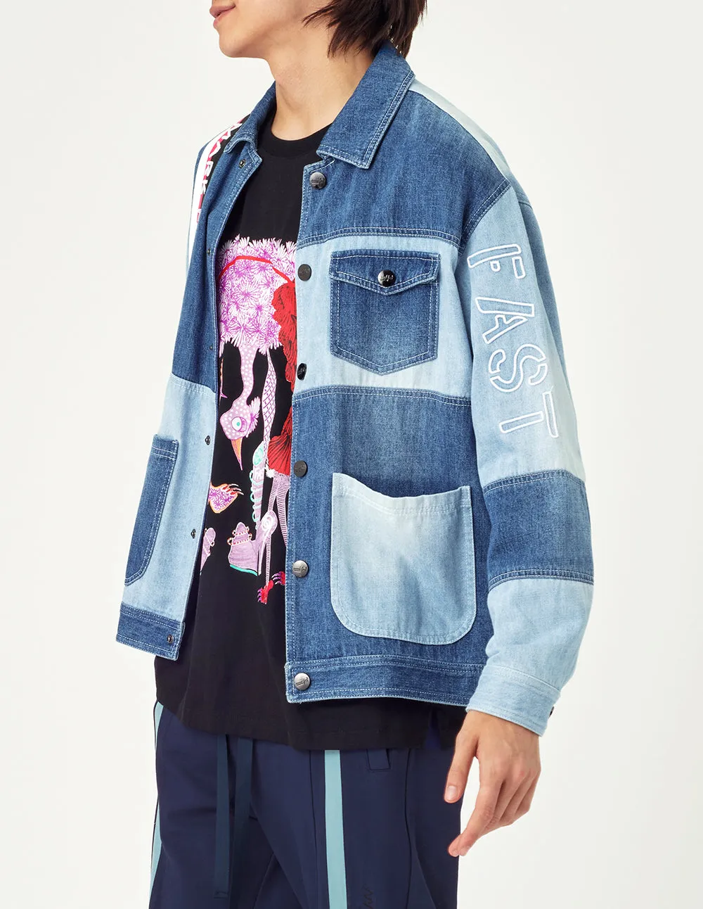 MARK FAST Men Washed Color Block Denim Shirts