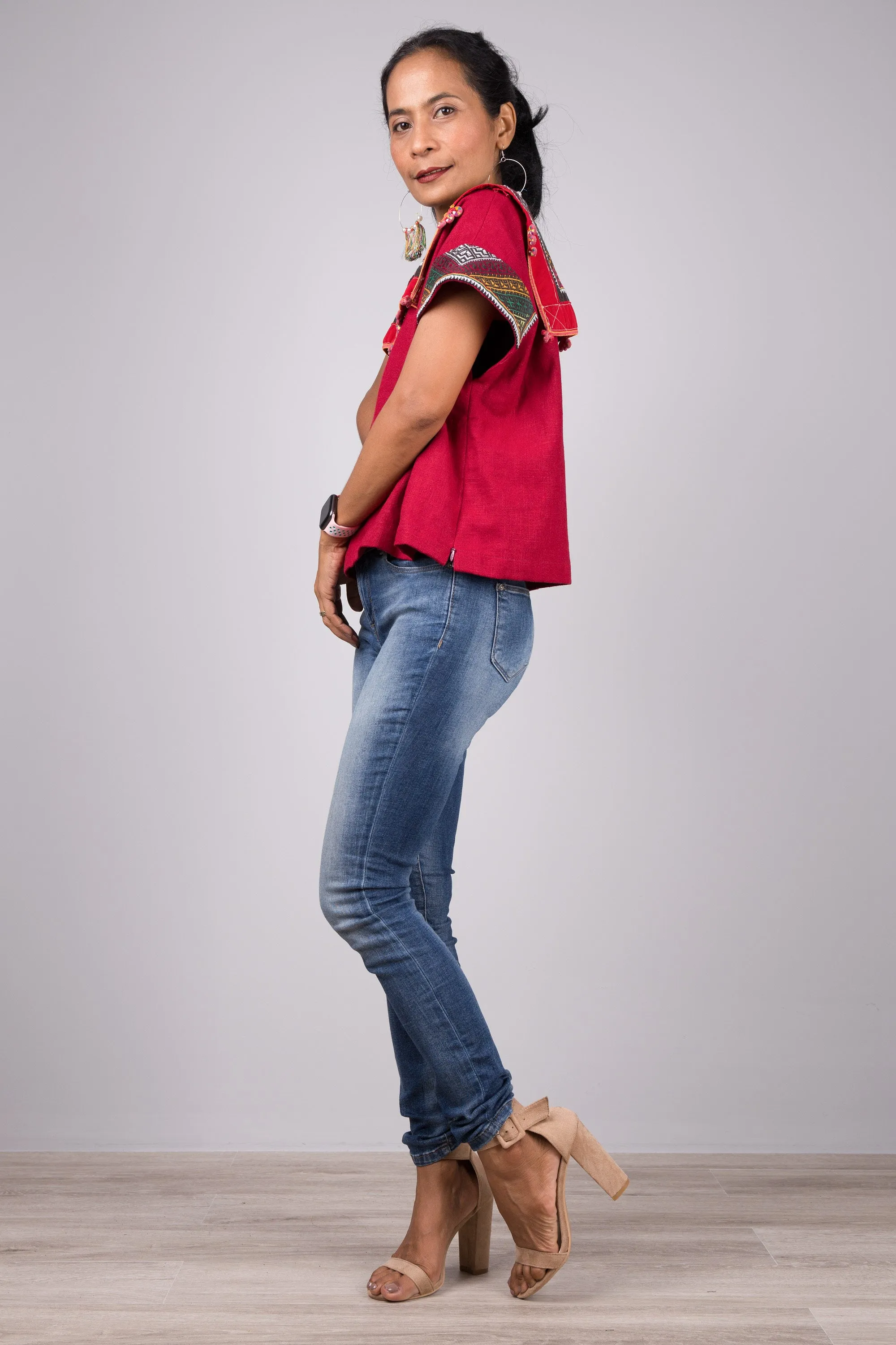 Red kaftan tunic top with hill tribe fabric shoulder part