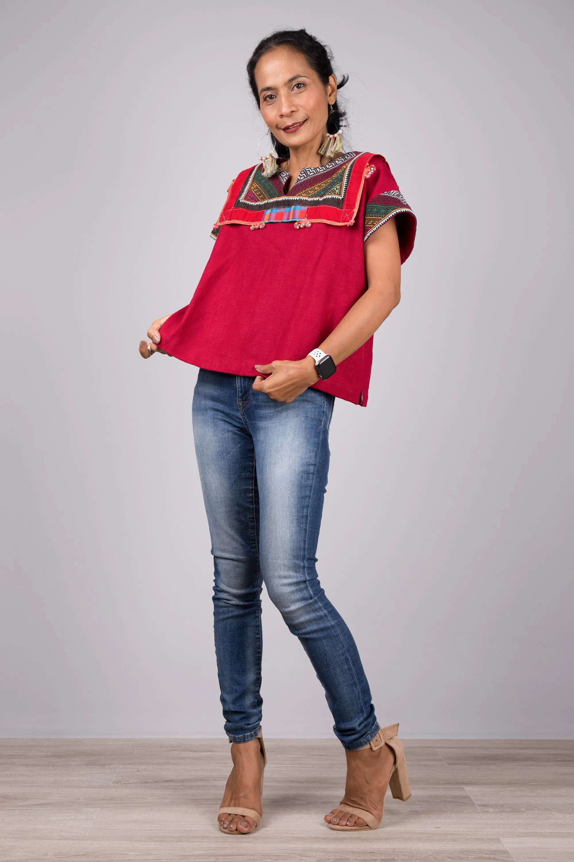 Red kaftan tunic top with hill tribe fabric shoulder part