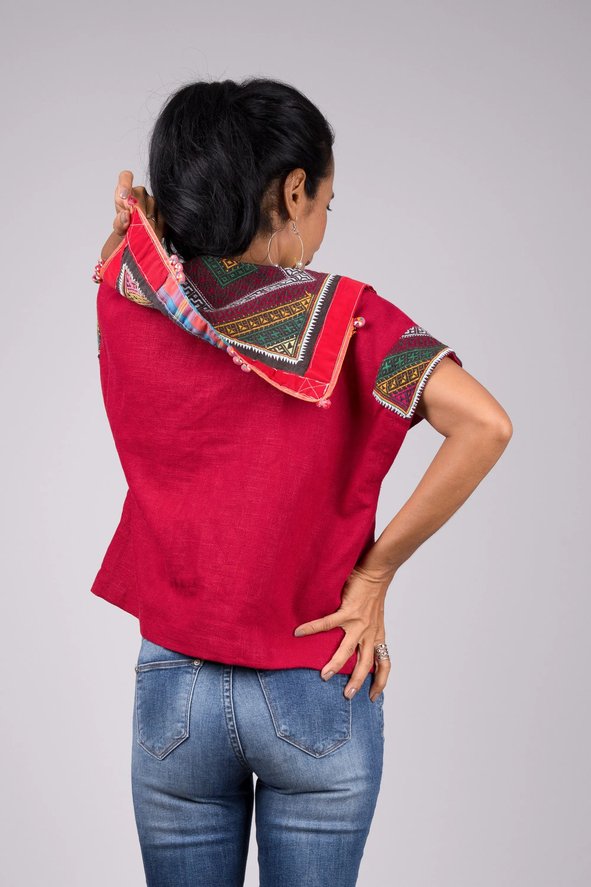 Red kaftan tunic top with hill tribe fabric shoulder part