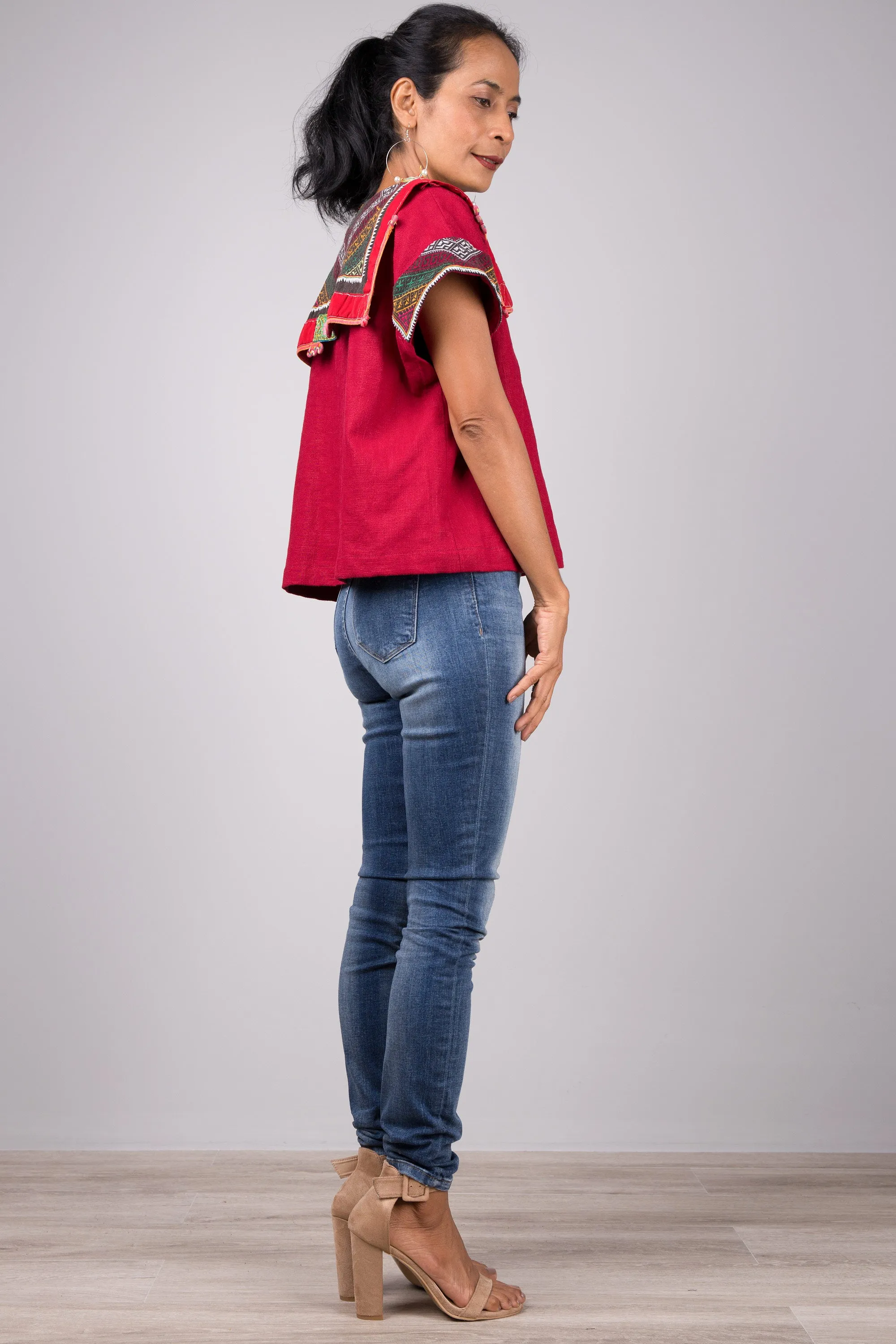 Red kaftan tunic top with hill tribe fabric shoulder part