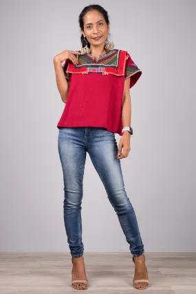 Red kaftan tunic top with hill tribe fabric shoulder part