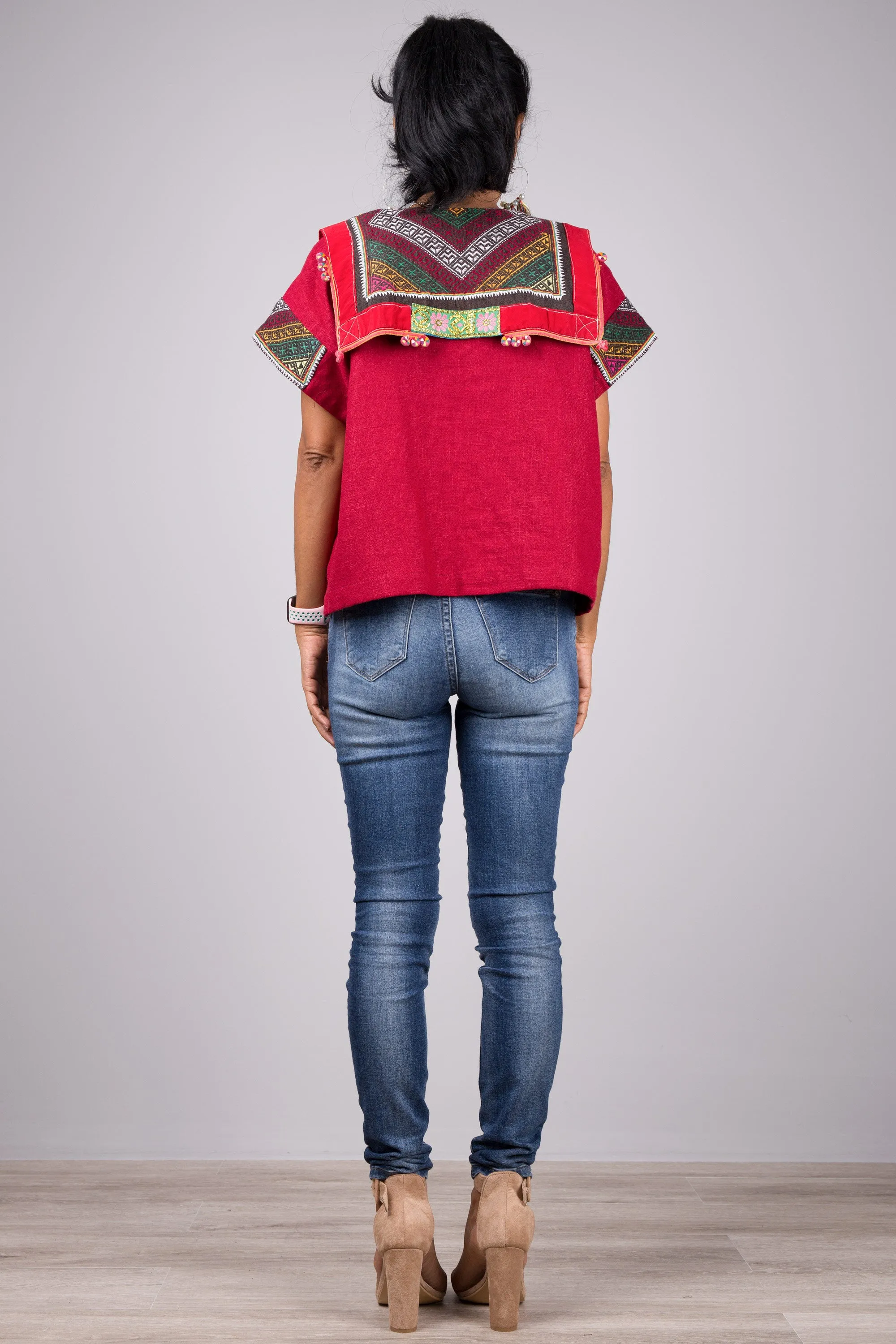Red kaftan tunic top with hill tribe fabric shoulder part